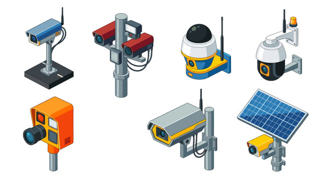 Traffic Cameras and Road Surveillance Isometric Vector Set