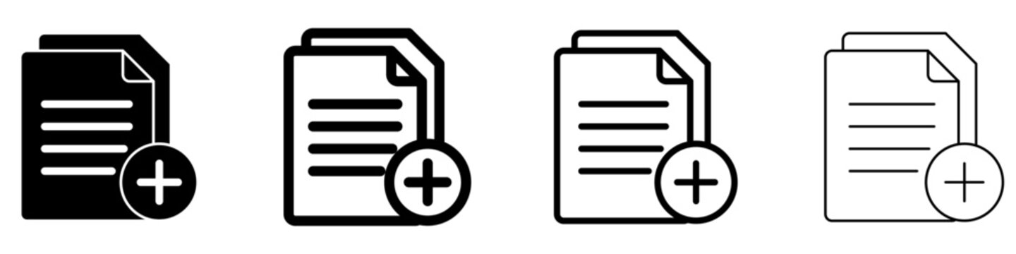 Set of new document icons, symbols for adding a file, creating a record, expanding a list, and office task management. Vector illustration