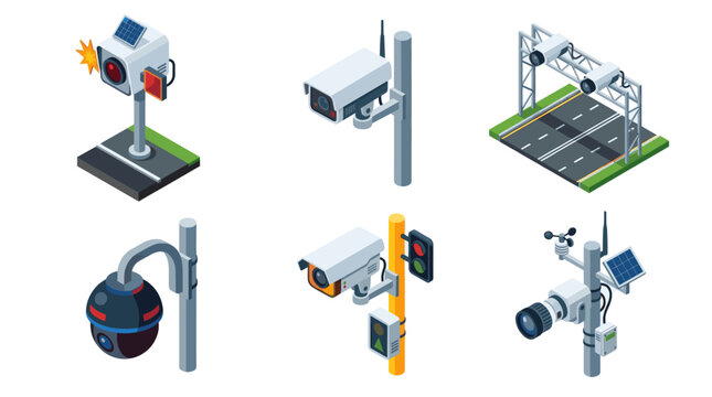 Traffic Cameras and Road Surveillance Isometric Vector Set