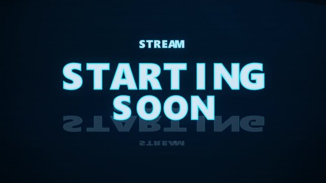 Digital screen displaying "stream starting soon" text with glitch effect and reflection, ideal for online broadcasts and live events