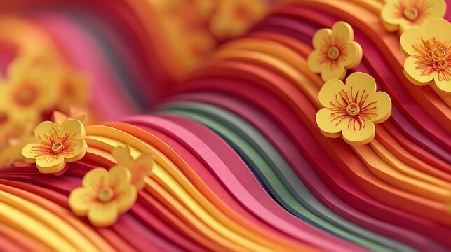 Vibrant red and yellow fabric background with golden embroidered flowers and leaves