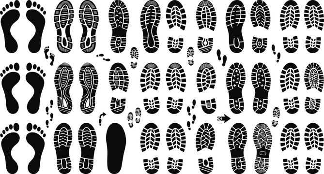 Human footprints and shoe prints black silhouette icons set featuring boot tracks sneaker soles and bare feet vector illustration