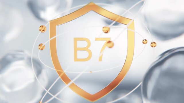 Biotin Vitamin B7 golden shield symbol in 3D animation. Keratin synthesis molecular structure background with transparent liquid cells for hair, skin and dermatology video
