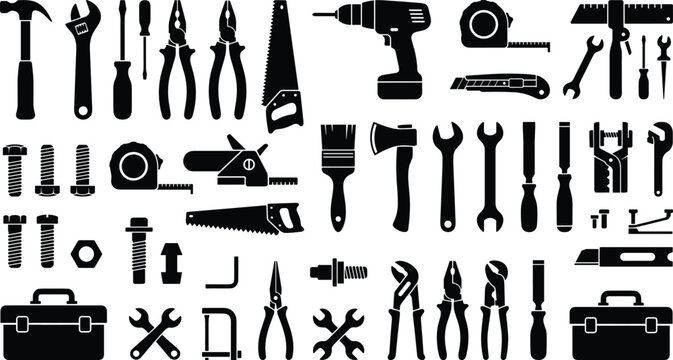 Hand tools and hardware equipment silhouette icons set with hammer drill wrench screwdriver saw and toolbox vector illustration