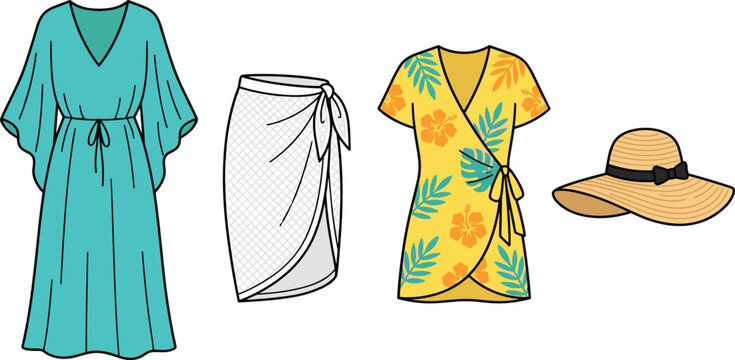 Womens Summer Resort Fashion Clothing Icon Set with Kaftan Dress Sarong Wrap and Straw Hat Vector Designs