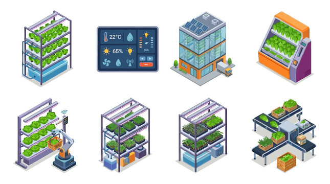 Vertical Farming and Hydroponic Greenhouse Automation Isometric Vector Illustration Set