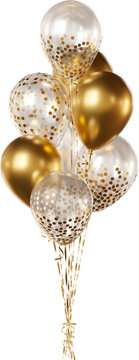 Balloon bouquet with transparent, gold confetti, and gold balloons isolated on a transparent background. A bunch of realistic balloons for birthdays, weddings, anniversaries, New Year, and events..