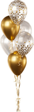 Balloon bouquet with transparent, gold confetti, and gold balloons isolated on a transparent background. A bunch of realistic balloons for birthdays, weddings, anniversaries, New Year, and events..