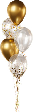 Balloon bouquet with transparent, gold confetti, and gold balloons isolated on a transparent background. A bunch of realistic balloons for birthdays, weddings, anniversaries, New Year, and events..