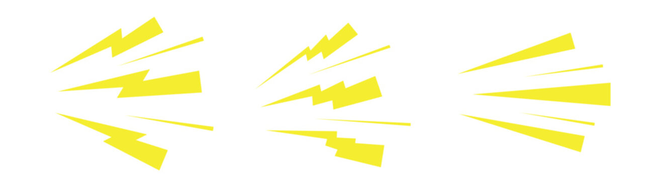 Yellow lightning bolts and dynamic flash lines vector collection. Comic style fast energy speed bursts and thunder zap elements isolated on white background EPS file.