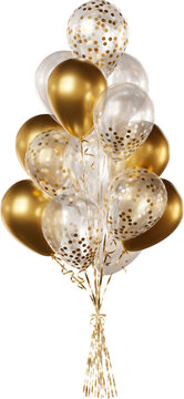 Balloon bouquet with transparent, gold confetti, and gold balloons isolated on a transparent background. A bunch of realistic balloons for birthdays, weddings, anniversaries, New Year, and events..