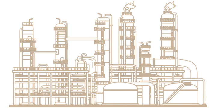 Industrial factory complex with towers and pipes isolated on white background