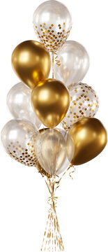 Balloon bouquet with transparent, gold confetti, and gold balloons isolated on a transparent background. A bunch of realistic balloons for birthdays, weddings, anniversaries, New Year, and events..
