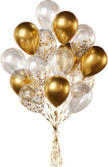 Balloon bouquet with transparent, gold confetti, and gold balloons isolated on a transparent background. A bunch of realistic balloons for birthdays, weddings, anniversaries, New Year, and events.. © Tatsiana