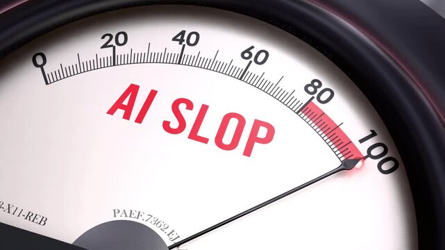 Ai slop off the charts. Meter showing increasing, dangerous and high levels of ai slop, potential overload. Maximum and critical ai slop