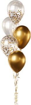 Balloon bouquet with transparent, gold confetti, and gold balloons isolated on a transparent background. A bunch of realistic balloons for birthdays, weddings, anniversaries, New Year, and events..