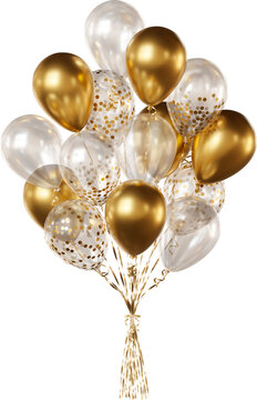 Balloon bouquet with transparent, gold confetti, and gold balloons isolated on a transparent background. A bunch of realistic balloons for birthdays, weddings, anniversaries, New Year, and events..