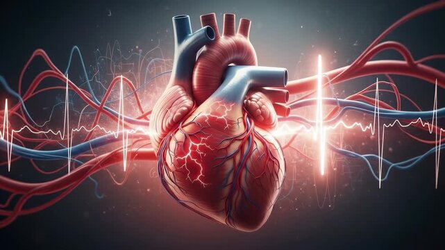Detailed view of the human heart, surrounded by pulsating blood vessels and electrocardiogram waves, symbolizing cardiovascular health, disease prevention, and treatment.