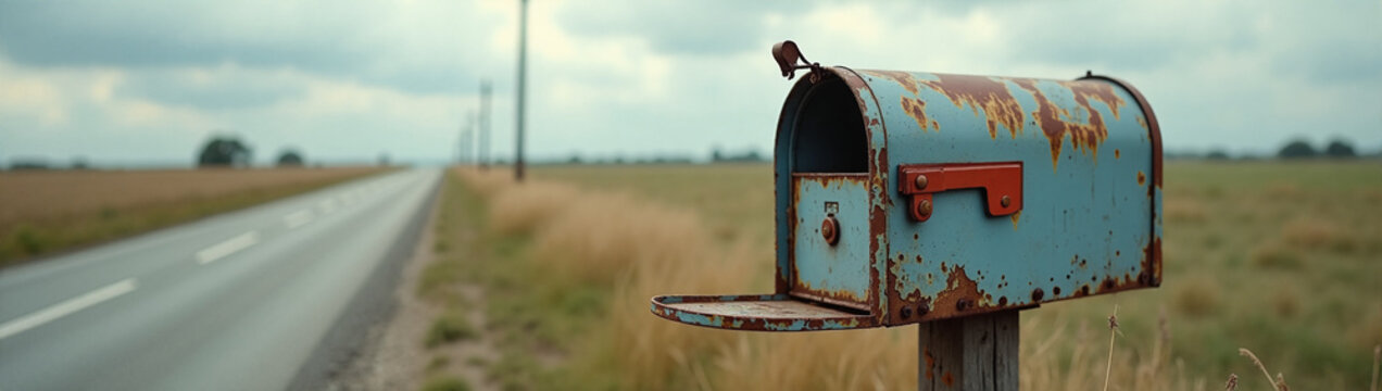 Close up of an old rusty blue mailbox on a rural highway. Weathered metal postbox by a country road with blurred fields in background. Vintage travel banner