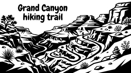Naklejka premium Grand Canyon hiking trail vector collection isolated for American national parks, desert landscapes, outdoor exploration, and adventure travel concepts. Black and white sketch style featuring canyon