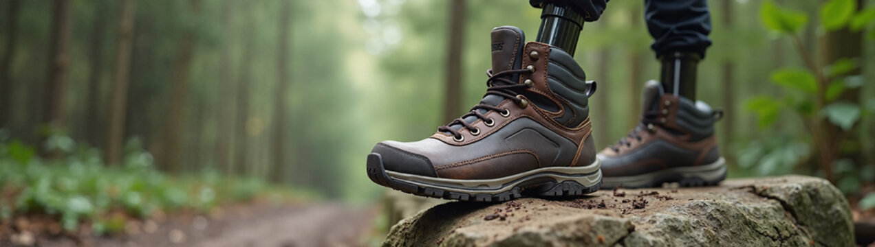 Hiker with a prosthetic leg wearing brown leather boots standing on a rock in a forest. Active lifestyle and disability inclusion banner