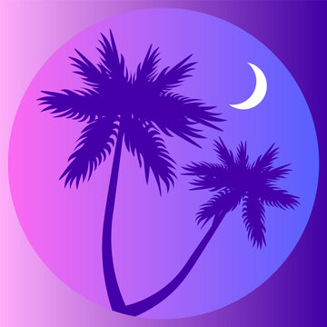 Retro Tropical Palm Trees at Night in Synthwave Style Vector Illustration