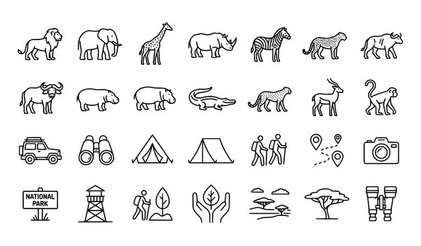 Safari line icon set with African animals ecotourism wildlife and national park symbols