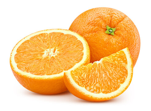 Whole orange, juicy half and slice for packaging design. Fresh orange isolated white background with clipping path