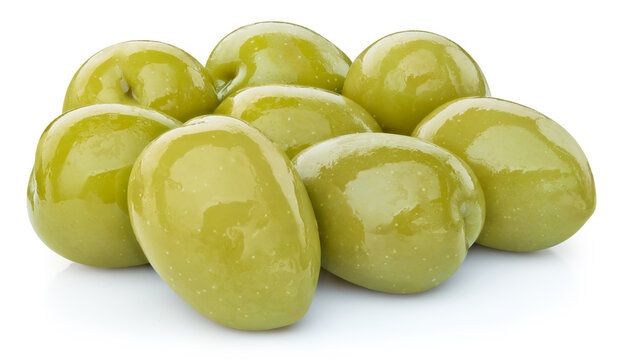 Canned green olives isolated on white background. Ripe organic pickled olives with clipping path