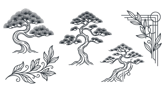 Decorative elements bonsai trees and geometric border.