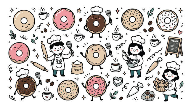 Doodle set of cute bakers making donuts and coffee.