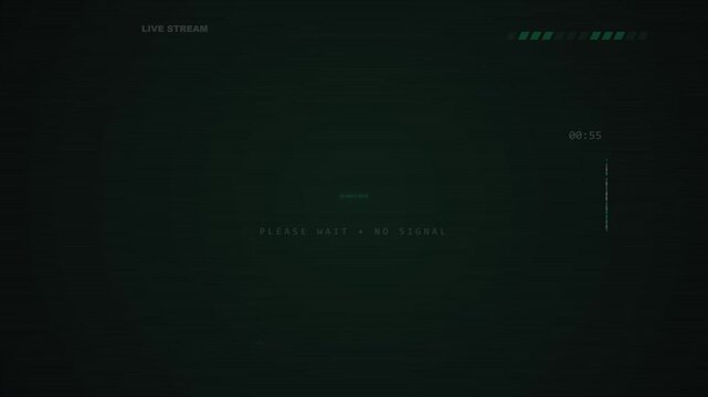 1 Minute Countdown Abstract digital glitch screen with horizontal lines and distorted text, futuristic data stream, dark green background