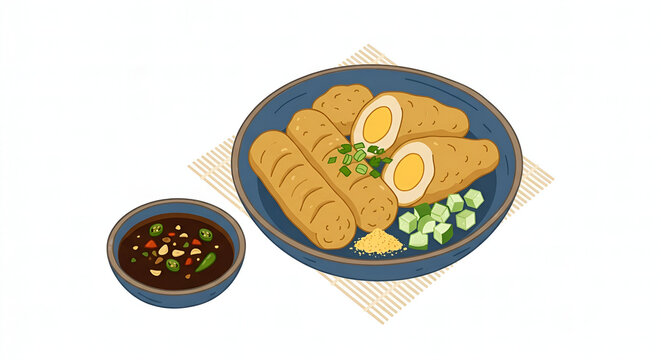 Vector illustration of Pempek Palembang, traditional Indonesian savory fishcakes served with spicy, sweet and sour vinegar sauce (cuko), cucumber cubes, and ebi powder.