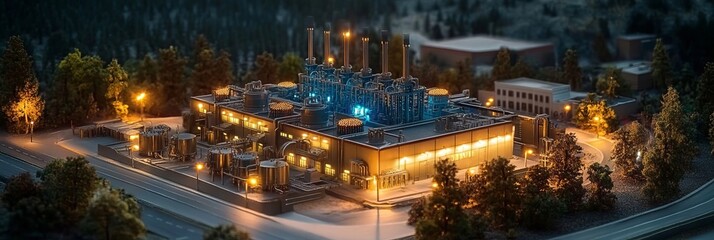 Obraz premium Nighttime Landscape of a Detailed Miniature Electro Station Surrounded by Highways and Trees
