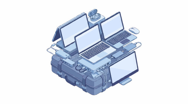 Stack of modern laptops and monitors in isometric view.