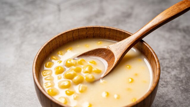 Homemade corn cream soup in wooden bowl, cozy food styling