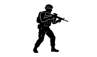Fototapeta premium Minimal black silhouette of armed man with rifle in combat pose vector illustration for zombie apocalypse game asset on white background