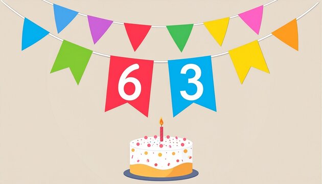 Festive Flag Garland and Cake with Number 63 for Birthday and Anniversary Party