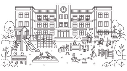 Obraz premium Schoolyard with children playing various outdoor games.