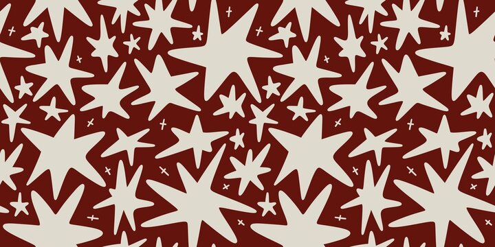 Mid-Century Retro Stars Seamless Pattern, Burgundy Cream Atomic Age Star Print, Non-AI Generated, Human Made Illustration