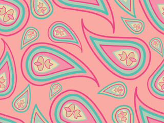 Fototapeta premium seamless pattern paisley motifs decorated with circular borders and bubbles. Designed in a bright retro style,using color palette of hot pink/magenta background, pastel mint green, and cream yellow.