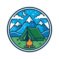 Obraz premium Circular camping badge illustration featuring a green tent, campfire, and snowy mountains under a starry night sky