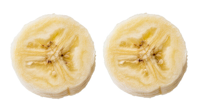 Isolated fresh peeled banana fruit slices, sweet healthy tropical vegetarian food ingredient