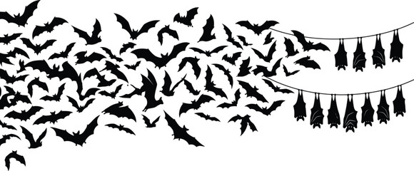 Fototapeta premium Helloween bats silhouette spooky halloween decorations flying bats and hanging bat swarm design
