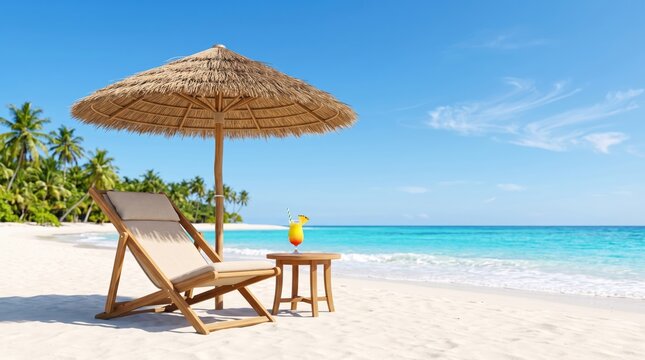 Spiaggia tropicale paradisiaca con sdraio in legno, ombrellone in paglia e cocktail estivo. Generative AI 