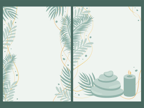 Luxury tropical spa background with botanical palm leaves, zen stones and candle