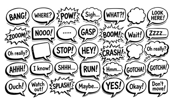 Collection of hand drawn comic speech bubbles with various expressions on a white background