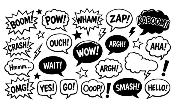 Collection of retro comic book speech bubbles and sound effects on a white background for dynamic designs