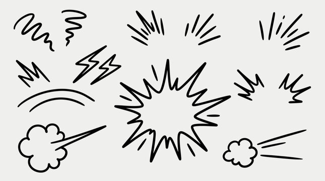 Hand drawn explosion effects with scribbles and bursts on a white background for dynamic design