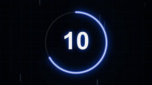 15 second countdown glitch, timer displays numbers 15 to 0 with glowing blue neon circle and grid background, futuristic motion graphic